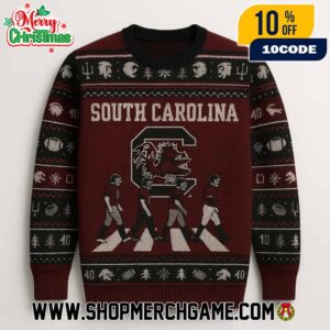 South Carolina Gamecocks NCAA Abbey Road Parody Holiday Knitted Sweater With Gamecock Logo Garnet And Black Ugly Christmas Sweater For SEC Fans