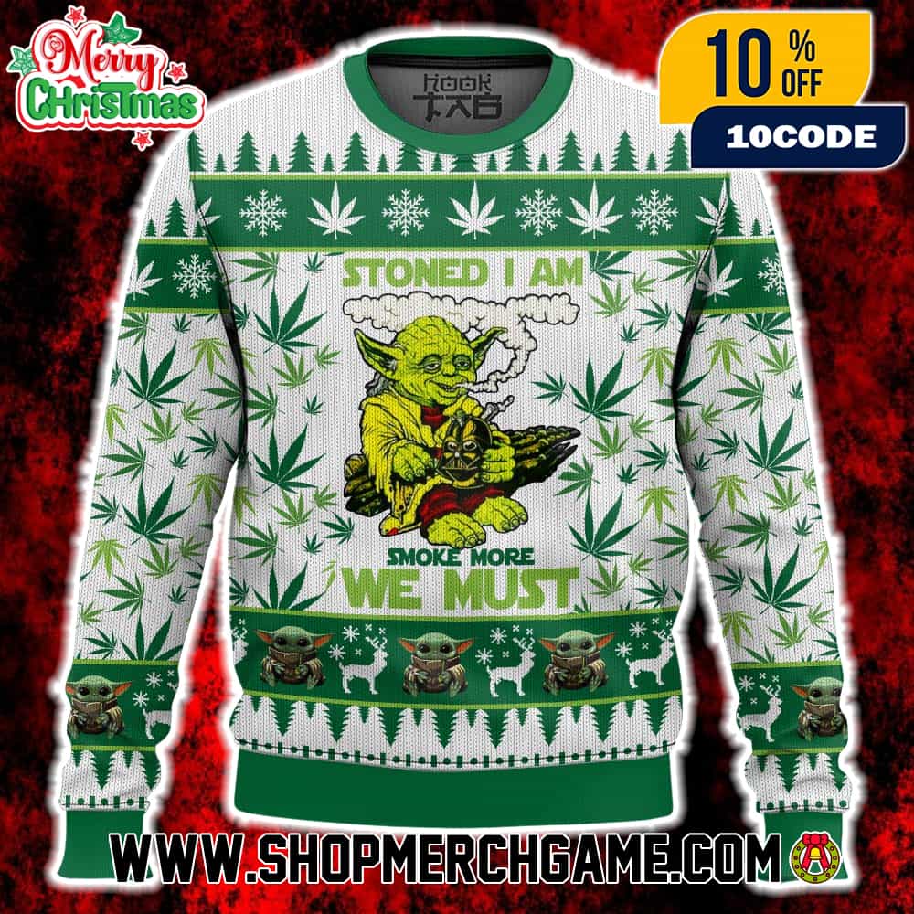 Star Wars Yoda Stoned I Am Ugly Sweater Cannabis Leaf Pattern Smoke More We Must Green White Holiday Knit Crew Neck Long Sleeve Star Wars Yoda Stoned I Am Ugly Sweater Cannabis Leaf Pattern Smoke More We Must Green White Holiday Knit Crew Neck Long Sleeve