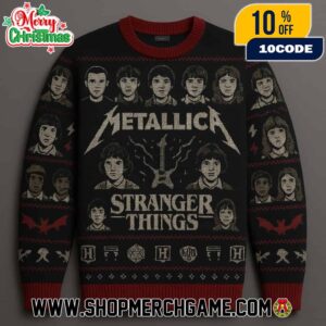 Stranger Things Cast Portrait Ugly Christmas Sweater With Metallica Band Members Holiday Knit Pullover Featuring Hellfire Club Dungeons Dragons Symbols