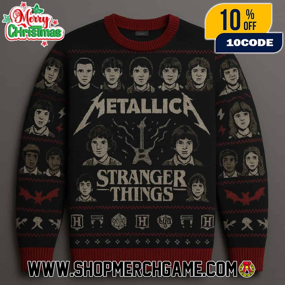 Stranger Things Cast Portrait Ugly Christmas Sweater With Metallica Band Members Holiday Knit Pullover Featuring Hellfire Club Dungeons Dragons Symbols Stranger Things Cast Portrait Ugly Christmas Sweater With Metallica Band Members Holiday Knit Pullover Featuring Hellfire Club Dungeons Dragons Symbols