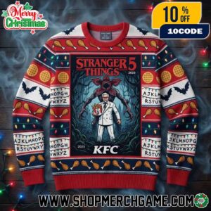 Stranger Things Season 5 2025 x KFC Ugly Christmas Sweater 2025 With Demogorgon Lights Chicken Drumstick Waffles Holiday Knit Pullover