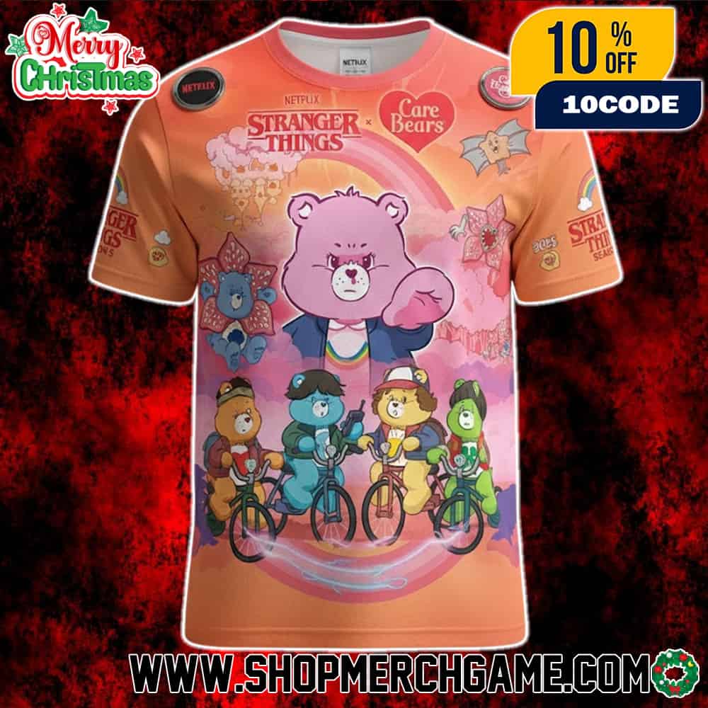 Stranger Things x Care Bears Season 5 2025 Cute Pink T-Shirt With Sleeve Prints Rainbow Retro Nostalgia Crossover Merch Stranger Things x Care Bears Season 5 2025 Cute Pink T-Shirt With Sleeve Prints Rainbow Retro Nostalgia Crossover Merch