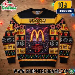 Stranger Things x McDonald’s Ugly Christmas Sweater Season 5 Upside Down Golden Arches I’m Lovin’ It Knitted Jumper With Demogorgon D20 Dice Burger Fries Pattern Festive Holiday Gift