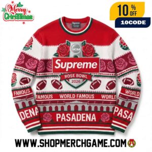 Supreme x Rose Bowl 2026 Ugly Christmas Sweater NCAA College Football Pasadena Rose Trophy World Famous Box Logo Knitted Pullover Holiday Gift