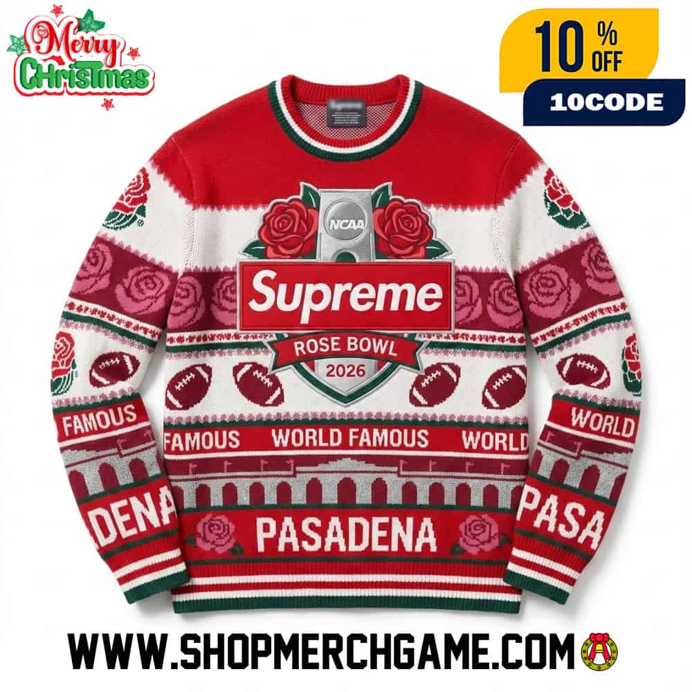 Supreme x Rose Bowl 2026 Ugly Christmas Sweater NCAA College Football Pasadena Rose Trophy World Famous Box Logo Knitted Pullover Holiday Gift Supreme x Rose Bowl 2026 Ugly Christmas Sweater NCAA College Football Pasadena Rose Trophy World Famous Box Logo Knitted Pullover Holiday Gift
