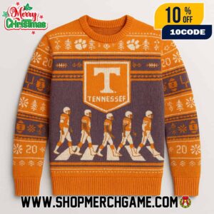 Tennessee Volunteers NCAA Abbey Road Football Players Crossing Ugly Christmas Sweater With Power T Logo Orange Smokey Gray Fair Isle Knitted Holiday Pullover