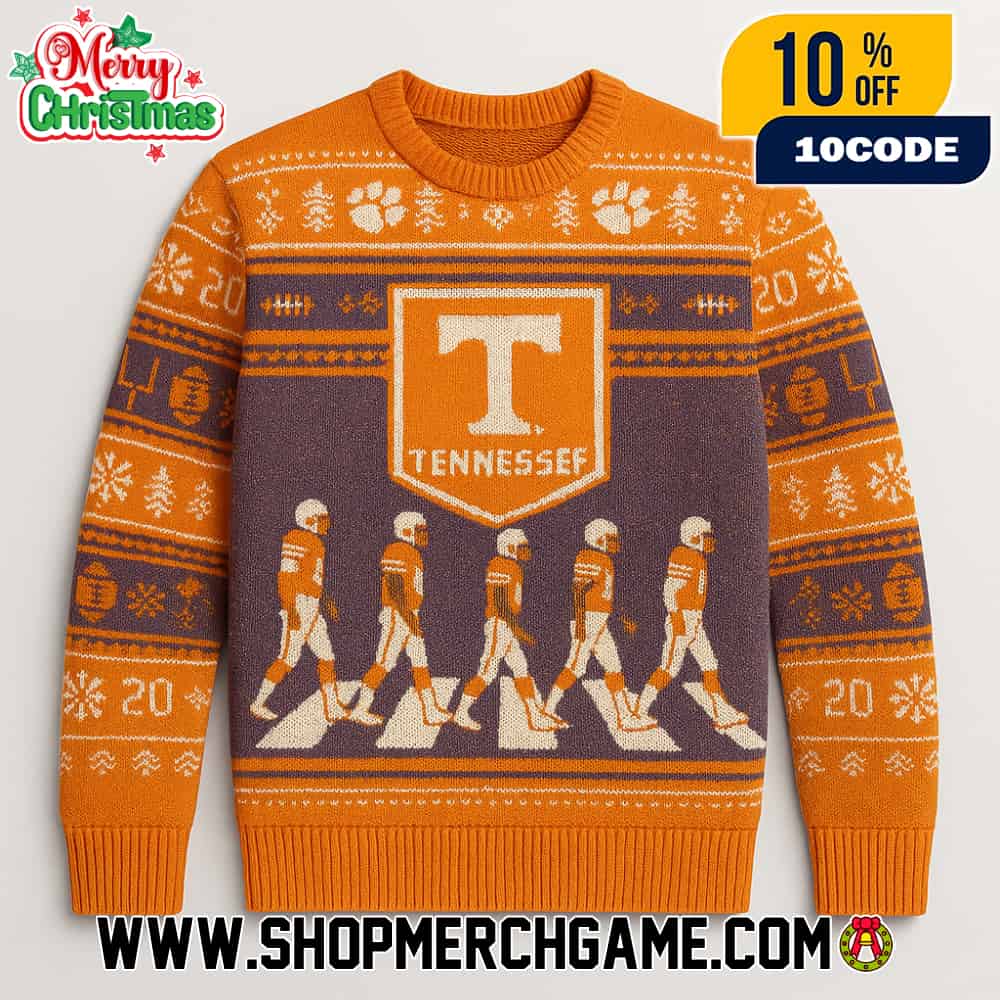 Tennessee Volunteers NCAA Abbey Road Football Players Crossing Ugly Christmas Sweater With Power T Logo Orange Smokey Gray Fair Isle Knitted Holiday Pullover Tennessee Volunteers NCAA Abbey Road Football Players Crossing Ugly Christmas Sweater With Power T Logo Orange Smokey Gray Fair Isle Knitted Holiday Pullover