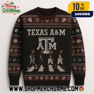 Texas A&M Aggies NCAA Abbey Road Parody Holiday Knitted Sweater With ATM Logo Maroon And Green Ugly Christmas Sweater For SEC Football Fan