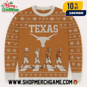 Texas Longhorns NCAA Abbey Road Football Players Crossing Ugly Christmas Sweater With Burnt Orange Longhorn Logo Fair Isle Knitted Holiday Pullover