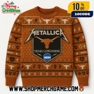 Texas Longhorns x NCAA Ugly Sweater Metallica Metal Band Burnt Orange Knit Holiday Pullover Christmas Graphic Apparel Unisex