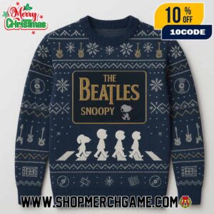 The Beatles Snoopy Abbey Road Ugly Christmas Sweater Knitted Pullover With Snowflakes Guitars And Fair Isle Pattern Holiday Jumper