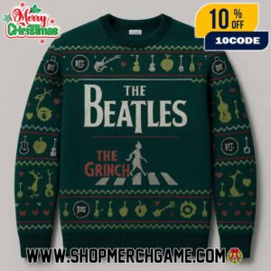 The Beatles The Grinch Ugly Christmas Sweater Knitted Holiday Pullover Featuring Abbey Road Crosswalk Design With Fair Isle Pattern Musical Instruments