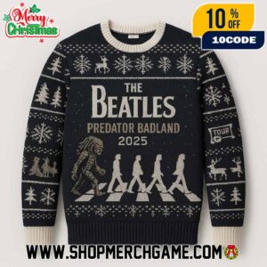 The Beatles x Predator Badlands 2025 Ugly Christmas Sweater Abbey Road Knitted Holiday Pullover With Tour Badge Fair Isle Snowflakes Winter Party Unisex