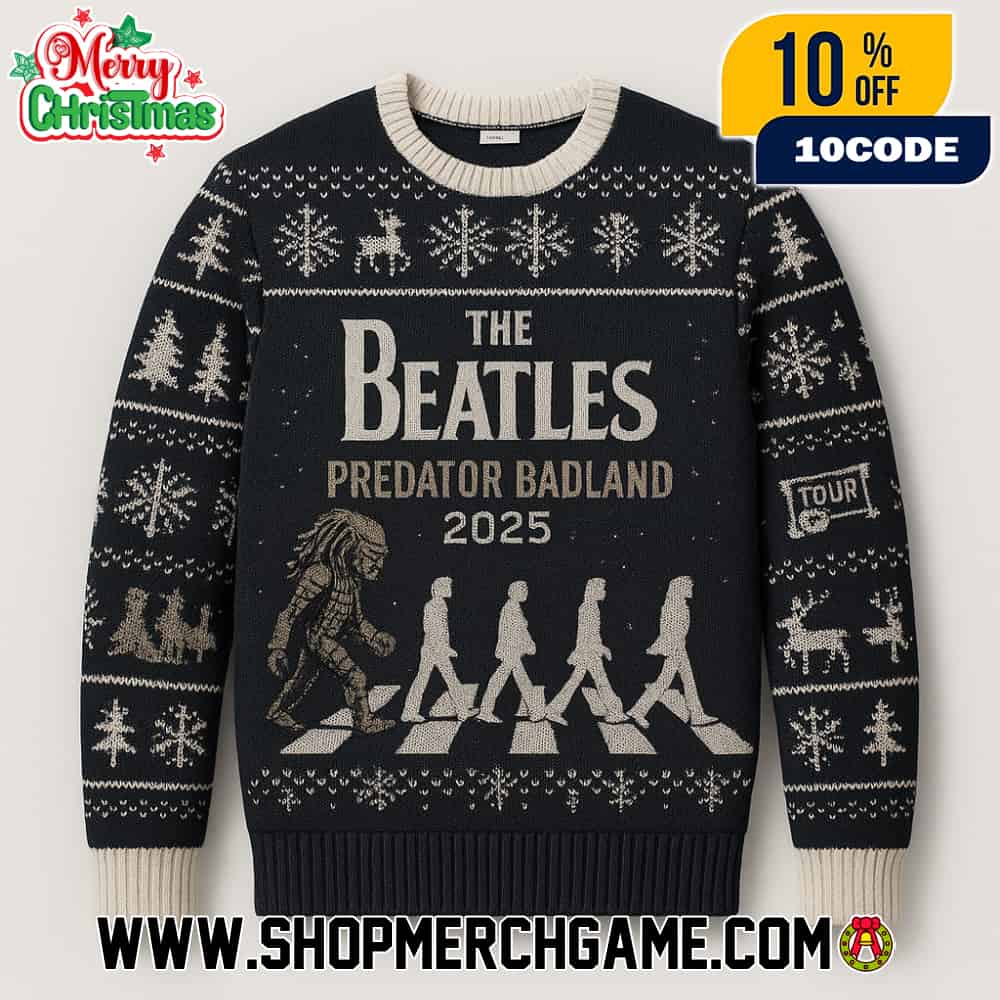 The Beatles x Predator Badlands 2025 Ugly Christmas Sweater Abbey Road Knitted Holiday Pullover With Tour Badge Fair Isle Snowflakes Winter Party Unisex The Beatles x Predator Badlands 2025 Ugly Christmas Sweater Abbey Road Knitted Holiday Pullover With Tour Badge Fair Isle Snowflakes Winter Party Unisex