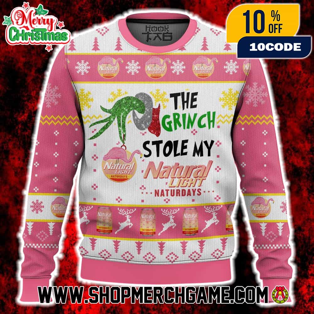 The Grinch Stole My Natural Light Saturdays Ugly Sweater Pink White Beer Holiday Knit Crew Neck Long Sleeve Pullover The Grinch Stole My Natural Light Saturdays Ugly Sweater Pink White Beer Holiday Knit Crew Neck Long Sleeve Pullover