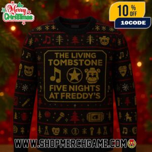 The Living Tombstone Five Nights At Freddys Ugly Christmas Sweater Black Knitted Pullover FNAF Holiday Jumper With Music Notes Winter Festive Apparel