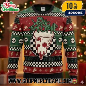 The Living Tombstone Ugly Christmas Sweater Red Green Knit Pullover Pizza Skull Checkerboard Pattern Music Notes FNAF Holiday Winter Xmas Unisex