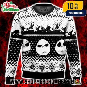 The Nightmare Before Christmas Ugly Sweater Jack Skellington Three Faces Black And White Knitted Pattern Holiday Crew Neck Long Sleeve Sweatshirt