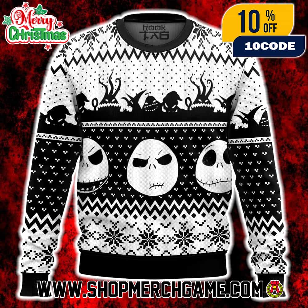 The Nightmare Before Christmas Ugly Sweater Jack Skellington Three Faces Black And White Knitted Pattern Holiday Crew Neck Long Sleeve Sweatshirt The Nightmare Before Christmas Ugly Sweater Jack Skellington Three Faces Black And White Knitted Pattern Holiday Crew Neck Long Sleeve Sweatshirt