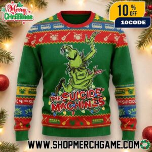 The Suicide Machines Punk Rock Ugly Christmas Sweater With Tour Bus Guitar Drums Pattern Knit Pullover Holiday Party Gift