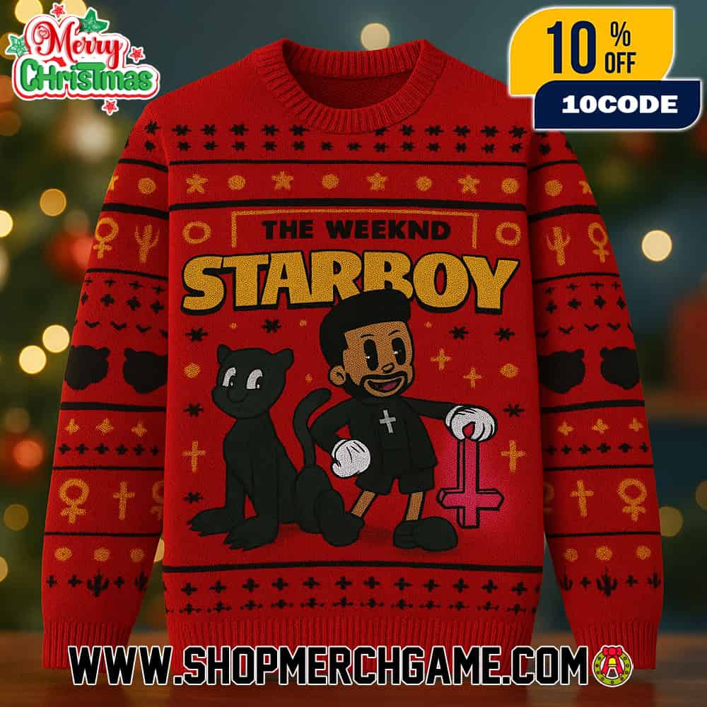 The Weeknd Starboy Ugly Christmas Sweater Red Gold Knitted Pullover With Cartoon Character Black Panther Cat Cross Symbol Pattern Holiday Jumper Unisex Gift The Weeknd Starboy Ugly Christmas Sweater Red Gold Knitted Pullover With Cartoon Character Black Panther Cat Cross Symbol Pattern Holiday Jumper Unisex Gift