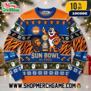 Tony The Tiger Sun Bowl 2025-26 Ugly Christmas Sweater Knitted Pullover El Paso Texas NCAA College Football With Tiger Mascot Trophy And Bape Camo Design Holiday Gift For Bowl Game Fans