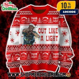 Travis Scott Out Like A Light Ugly Sweater Knit Red White Christmas Holiday Graphic Pullover Unisex Woven Festive Rapper Merch