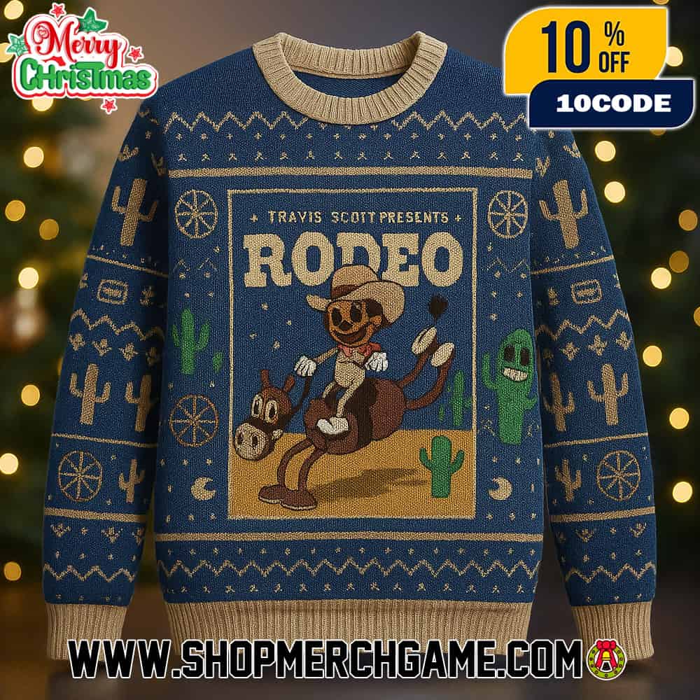 Travis Scott Presents Rodeo Ugly Christmas Sweater Navy Blue Tan Knitted Pullover With Cartoon Cowboy Horse Rider Cactus Desert Western Pattern Holiday Jumper Unisex Gift Travis Scott Presents Rodeo Ugly Christmas Sweater Navy Blue Tan Knitted Pullover With Cartoon Cowboy Horse Rider Cactus Desert Western Pattern Holiday Jumper Unisex Gift