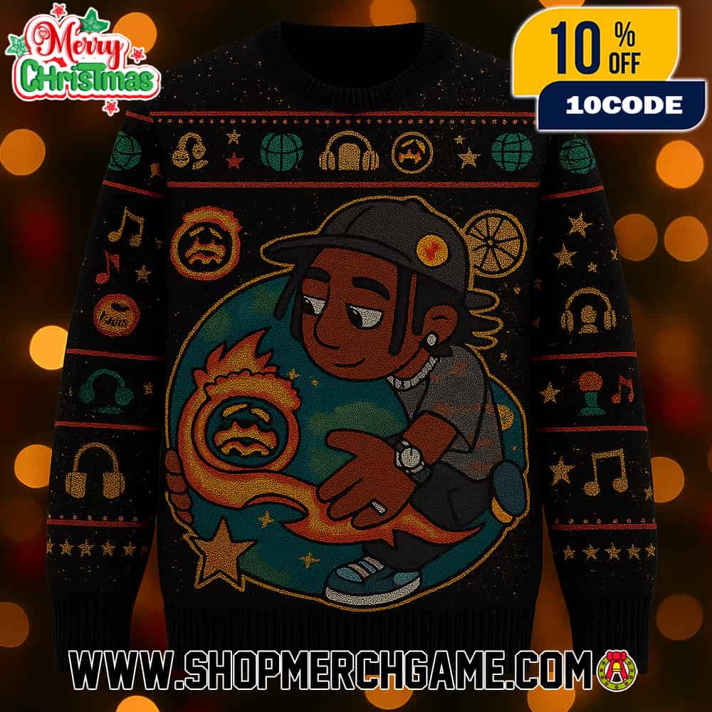 Travis Scott Ugly Christmas Sweater Black Knitted Pullover With Cartoon Character Headphones Design Featuring Music Notes Stars Cactus Jack Holiday Jumper Unisex Gift Travis Scott Ugly Christmas Sweater Black Knitted Pullover With Cartoon Character Headphones Design Featuring Music Notes Stars Cactus Jack Holiday Jumper Unisex Gift