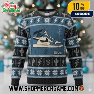 Travis Scott x Fragment Design x Nike Air Jordan 1 Military Blue Ugly Christmas Sweater Cactus Jack Lightning Bolt Logo Reverse Swoosh Snowflake Pattern Holiday Knit Pullover Festive Winter