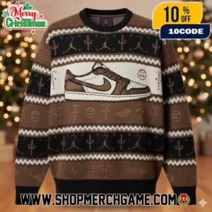 Travis Scott x Nike Air Jordan 1 Mocha Brown Ugly Christmas Sweater Cactus Jack Logo Reverse Swoosh Jumpman Pattern Holiday Knit Pullover Festive Winter Gift Unisex Crewneck