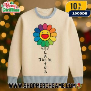 Travis Scott x Takashi Murakami Cactus Jack Ugly Christmas Sweater Cream Blue Knitted Pullover With Rainbow Flower Smiley Face Design Colorful Holiday Jumper Unisex Gift