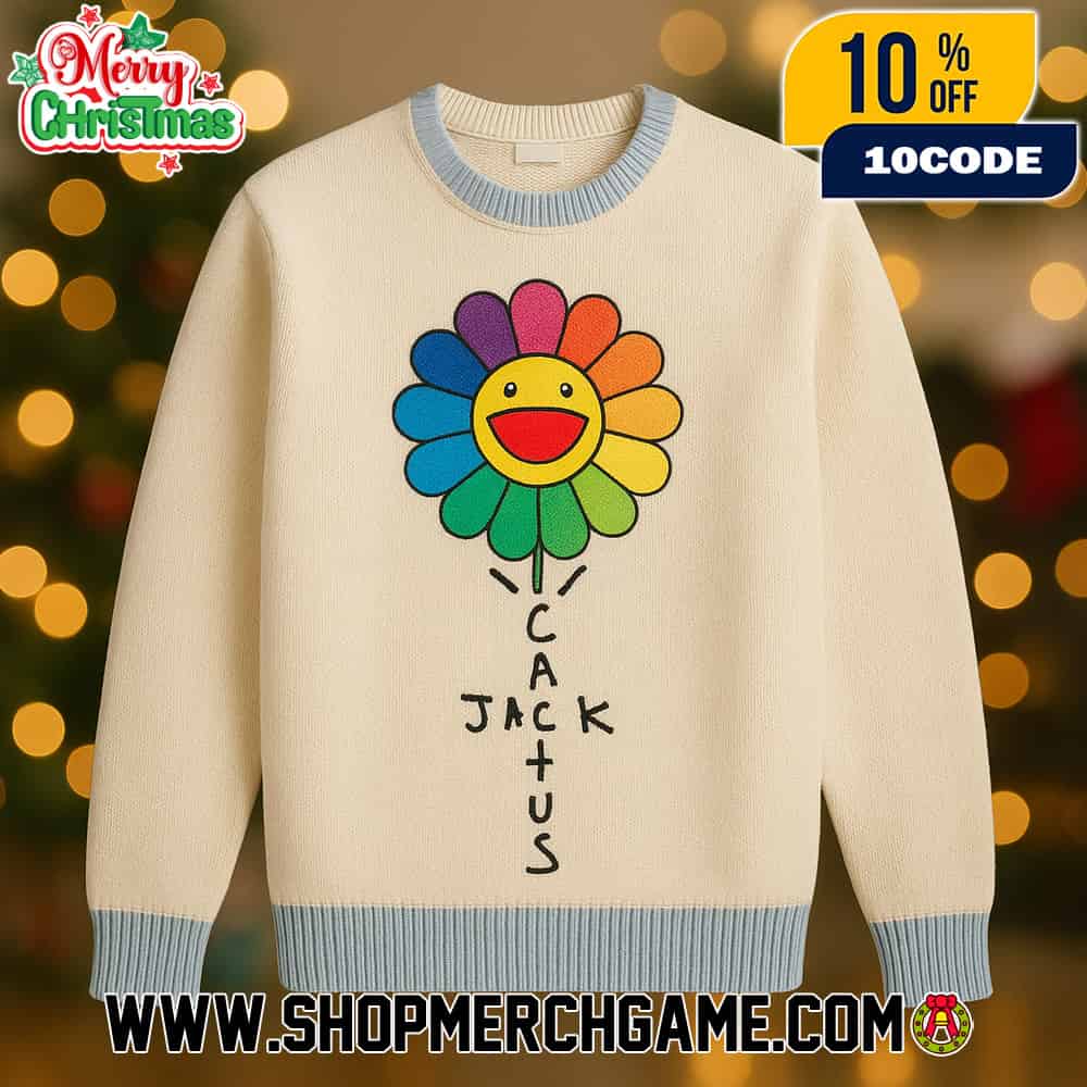 Travis Scott x Takashi Murakami Cactus Jack Ugly Christmas Sweater Cream Blue Knitted Pullover With Rainbow Flower Smiley Face Design Colorful Holiday Jumper Unisex Gift Travis Scott x Takashi Murakami Cactus Jack Ugly Christmas Sweater Cream Blue Knitted Pullover With Rainbow Flower Smiley Face Design Colorful Holiday Jumper Unisex Gift