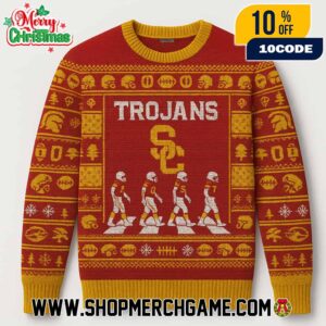 USC Trojans NCAA Abbey Road Football Players Crossing Ugly Christmas Sweater With SC Interlock Logo Cardinal Gold Fair Isle Knitted Holiday Pullover