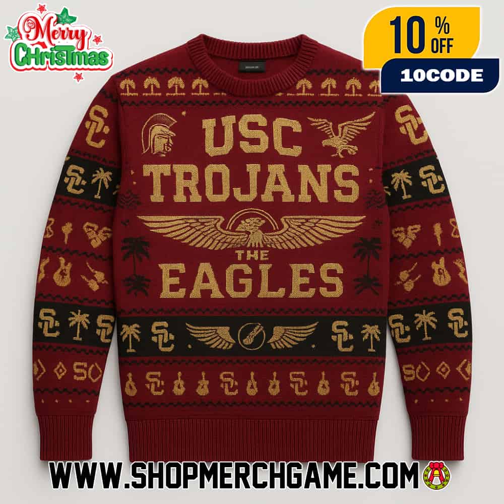 USC Trojans x The Eagles Ugly Christmas Sweater Cardinal Gold Knitted Jumper NCAA Football Fans USC Trojans x The Eagles Ugly Christmas Sweater Cardinal Gold Knitted Jumper NCAA Football Fans