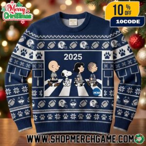 Uconn Huskies 2025 Ugly Christmas Sweater Peanuts Abbey Road Football Knit Holiday Pullover With Snoopy And Paw Print Snowflake Pattern