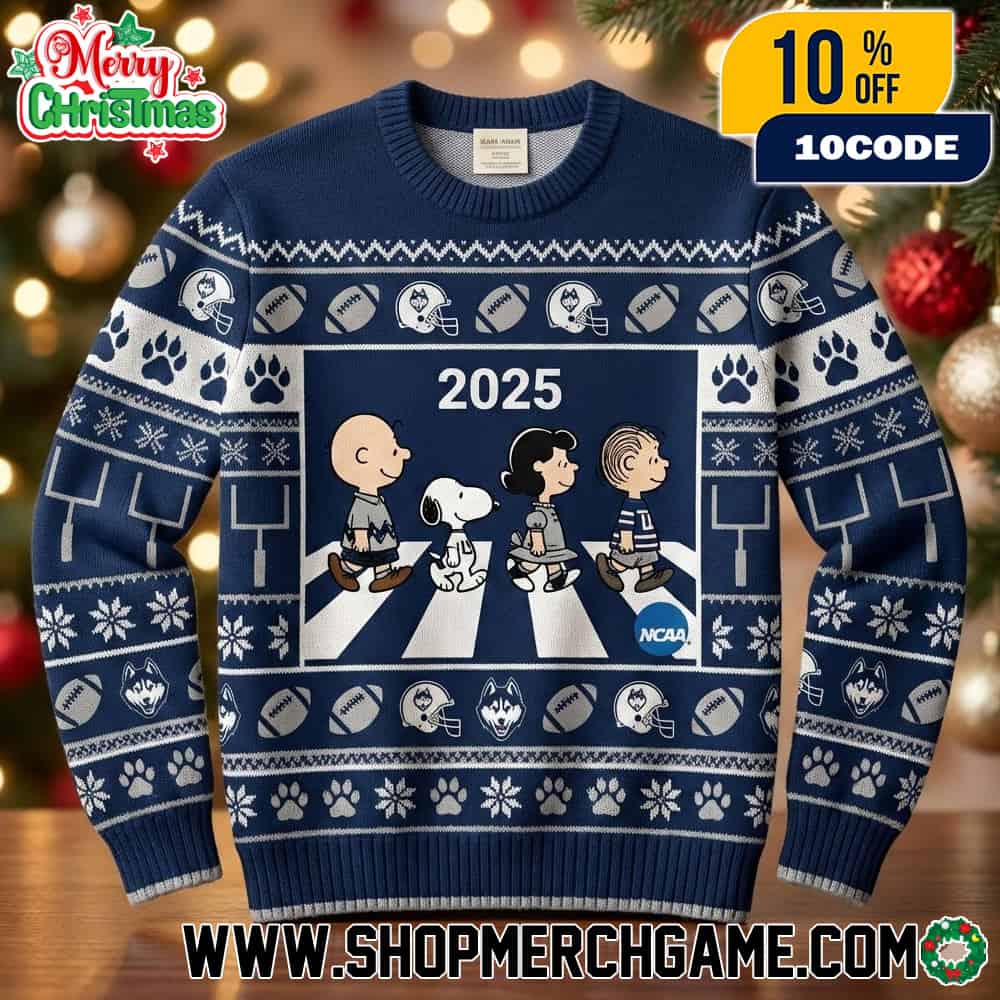 Uconn Huskies 2025 Ugly Christmas Sweater Peanuts Abbey Road Football Knit Holiday Pullover With Snoopy And Paw Print Snowflake Pattern Uconn Huskies 2025 Ugly Christmas Sweater Peanuts Abbey Road Football Knit Holiday Pullover With Snoopy And Paw Print Snowflake Pattern