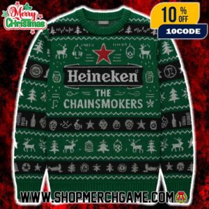 Ugly Sweater Heineken x The Chainsmokers Knitted Christmas Green Holiday Graphic Band Pullover