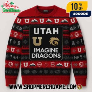 Utah Utes x Imagine Dragons Ugly Christmas Sweater Red White Knitted Holiday Jumper NCAA Football Fan