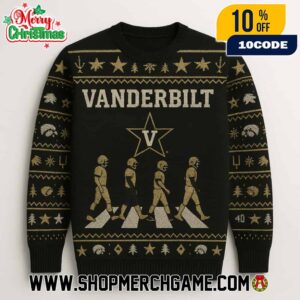 Vanderbilt Commodores NCAA Abbey Road Parody Holiday Knitted Sweater With Star V Logo Black And Gold Ugly Christmas Sweater For SEC Football Fans