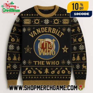 Vanderbilt Commodores x The Who Ugly Christmas Sweater Black Gold Holiday Knit NCAA Football Fan