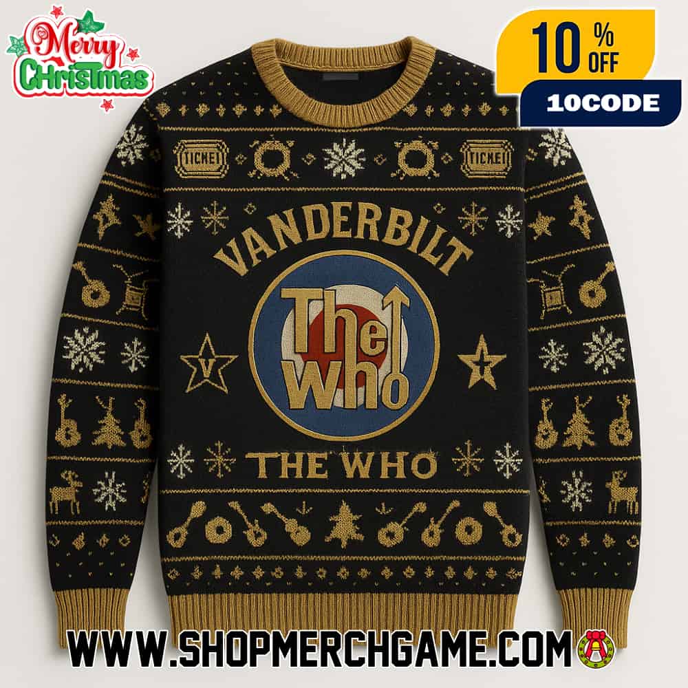 Vanderbilt Commodores x The Who Ugly Christmas Sweater Black Gold Holiday Knit NCAA Football Fan Vanderbilt Commodores x The Who Ugly Christmas Sweater Black Gold Holiday Knit NCAA Football Fan