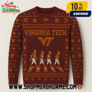 Virginia Tech Hokies NCAA Ugly Christmas Sweater With Abbey Road Football Players Crossing Maroon Orange Fair Isle Knitted Holiday Pullover