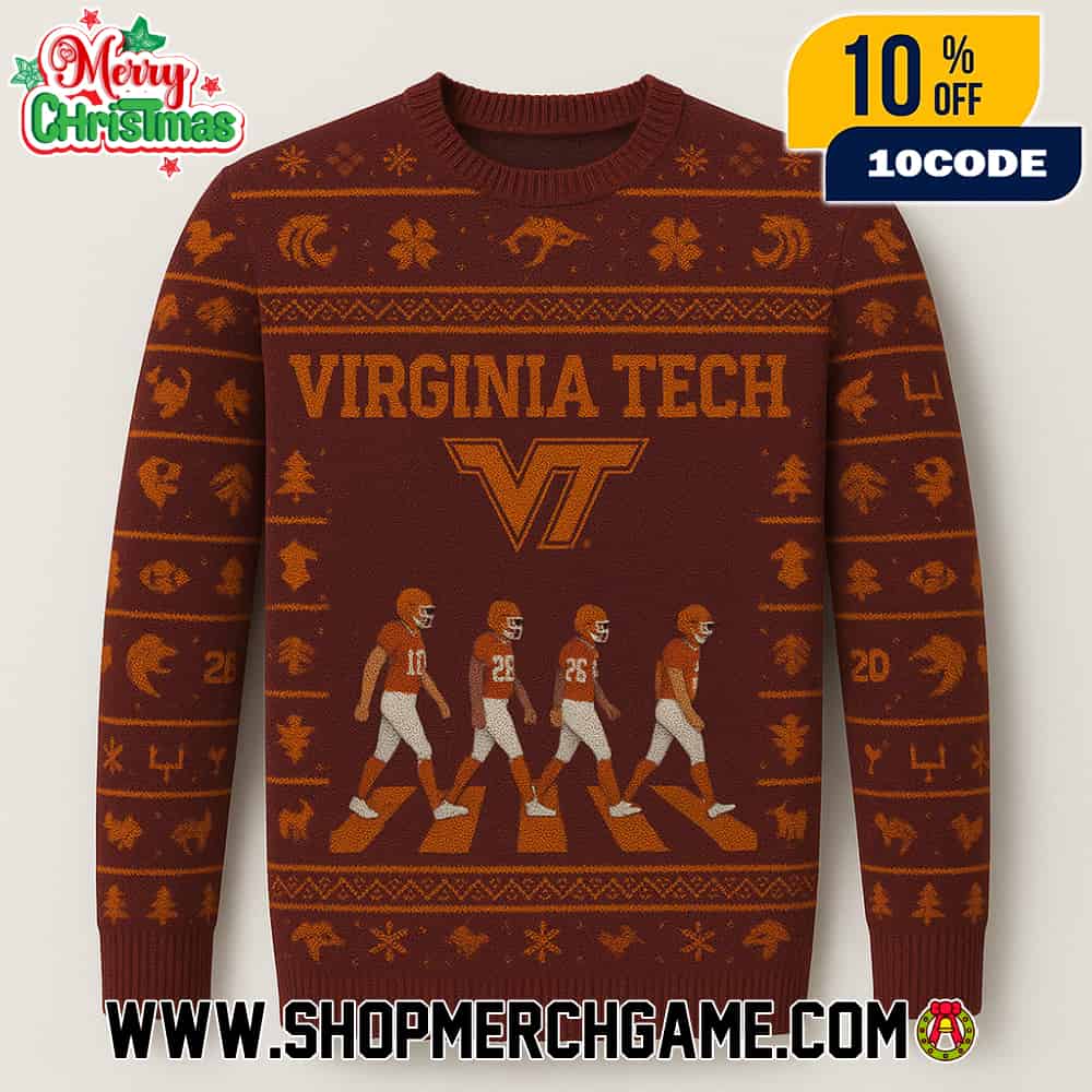 Virginia Tech Hokies NCAA Ugly Christmas Sweater With Abbey Road Football Players Crossing Maroon Orange Fair Isle Knitted Holiday Pullover Virginia Tech Hokies NCAA Ugly Christmas Sweater With Abbey Road Football Players Crossing Maroon Orange Fair Isle Knitted Holiday Pullover
