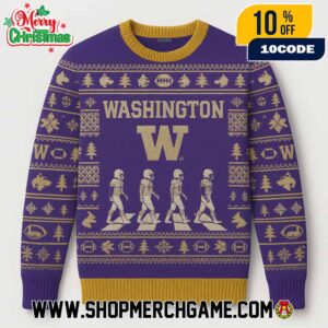 Washington Huskies NCAA Abbey Road Football Players Crossing Ugly Christmas Sweater With W Logo Purple Gold Fair Isle Knitted Holiday Pullover