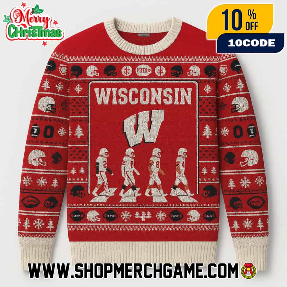 Wisconsin Badgers NCAA Abbey Road Football Players Crossing Ugly Christmas Sweater With W Logo Red White Fair Isle Knitted Holiday Pullover Wisconsin Badgers NCAA Abbey Road Football Players Crossing Ugly Christmas Sweater With W Logo Red White Fair Isle Knitted Holiday Pullover