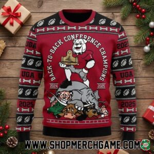 Georgia Bulldogs Is SEC Championship 2025 NCAA Congratulations Back To Back Conference Champions 2024-2025 Mascot Christmas Ugly Sweater