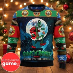 Guns N Roses x Christmas Ugly Sweater Knitted Pullover Wishes Merry F’N’ Christmas Holiday Rock Band Festive Winter Wear Gift For Music Lovers
