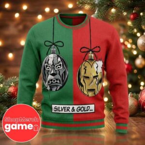 Iron Man x Doctor Doom Silver And Gold Ornament Design Ugly Christmas Sweater Marvel Avengers Holiday Knitted Pullover Red Green Festive Winter Xmas Jumper